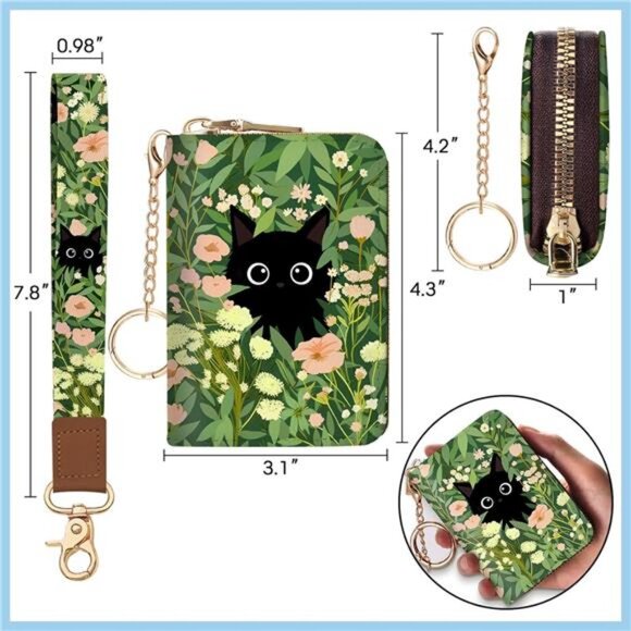 Credit Card Holder for Women, Wristlet Black Cat Flower - Picture 6 of 6